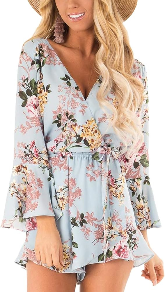 AIMCOO Women's Summer Floral Print Jumpsuits Long Baggy Sleeve High Waist Tie Knot Rompers Casual... | Amazon (US)