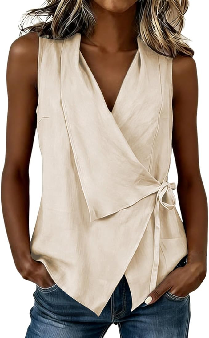 2026 Women’s Summer Wrap Tank Top Ruched Tie Side V Neck Sleeveless Casual Vacation Blouses Loo... | Amazon (US)