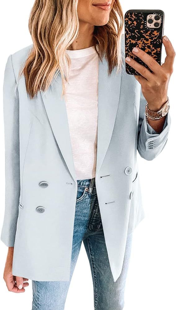 Zwurew Women's Long Sleeve Casual Blazers Lapel Open Front Double Breasted Suit Business Work Office | Amazon (US)