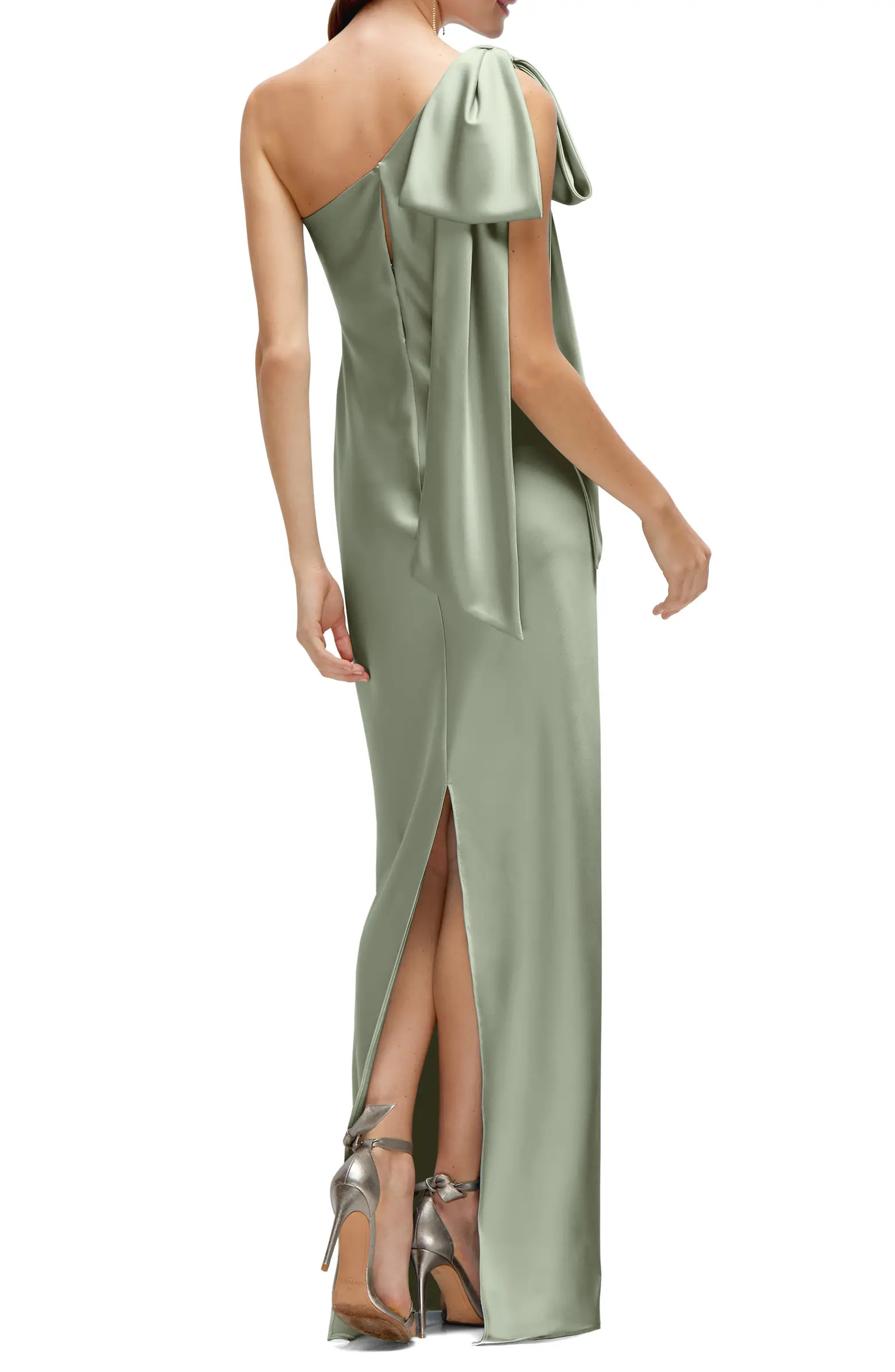 Bow Detail One-Shoulder Stretch Satin Charmeuse Gown | Nordstrom
