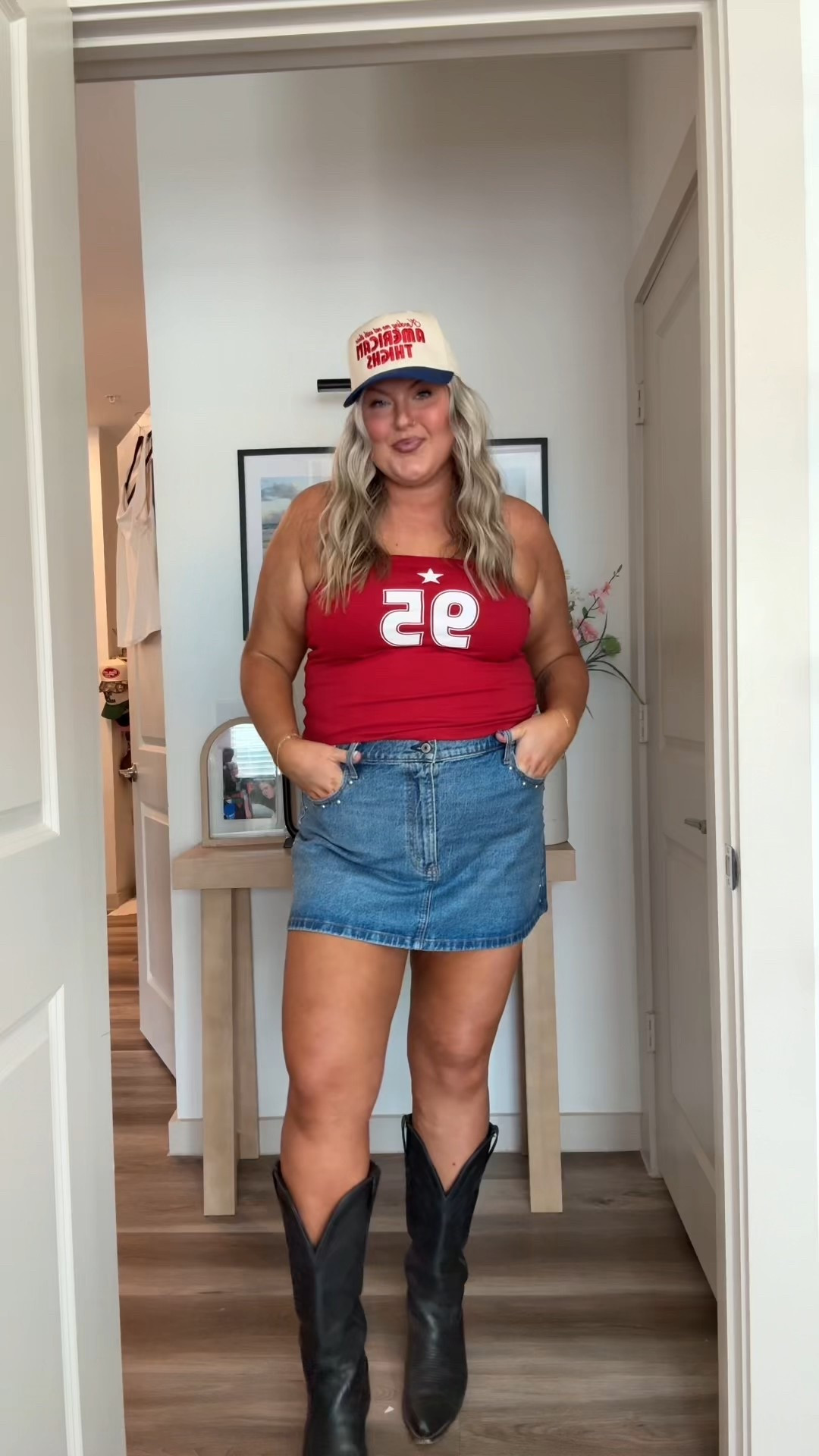 Skirts: size 34
Red tub top: xxl
Blink tshirt: xxl
Denim top: 2x
White tank: xxl

#LTKSeasonal #LTKPlusSize #LTKMidsize