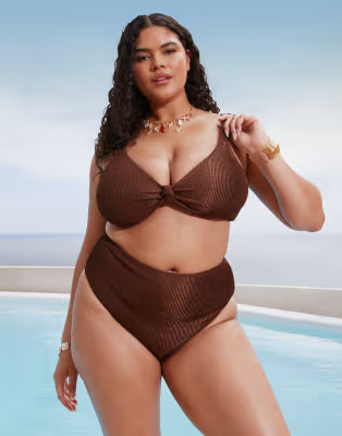South Beach Curve crinkle high waist bikini bottom in brown | ASOS (Global)
