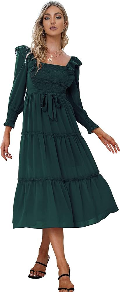 Byinns Womens Long Sleeves Smocked Waist Maxi Dress Elegant Ruffle Square Neck Dresses | Amazon (US)