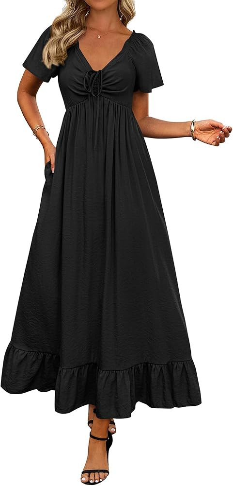 BTFBM Womens Spring Dresses 2026 Casual Short Sleeve V Neck Drawstring Wedding Guest Maxi Dresses... | Amazon (US)