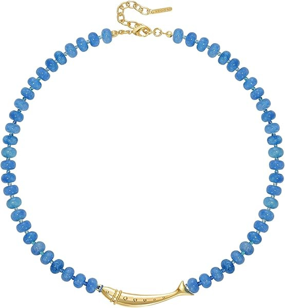 KissYan Beaded Gemstone Necklace for Women, 14K Gold Plated Fish Charm Blue Bead Choker, Natural ... | Amazon (US)