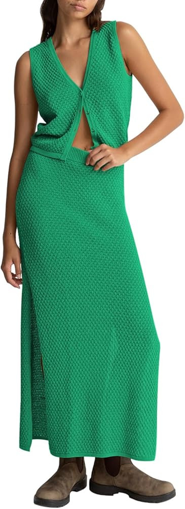 Pink Queen Women's Summer 2 Piece Outfit Set V Neck Button Crop Tank Top Vest Bodycon Maxi Long S... | Amazon (US)