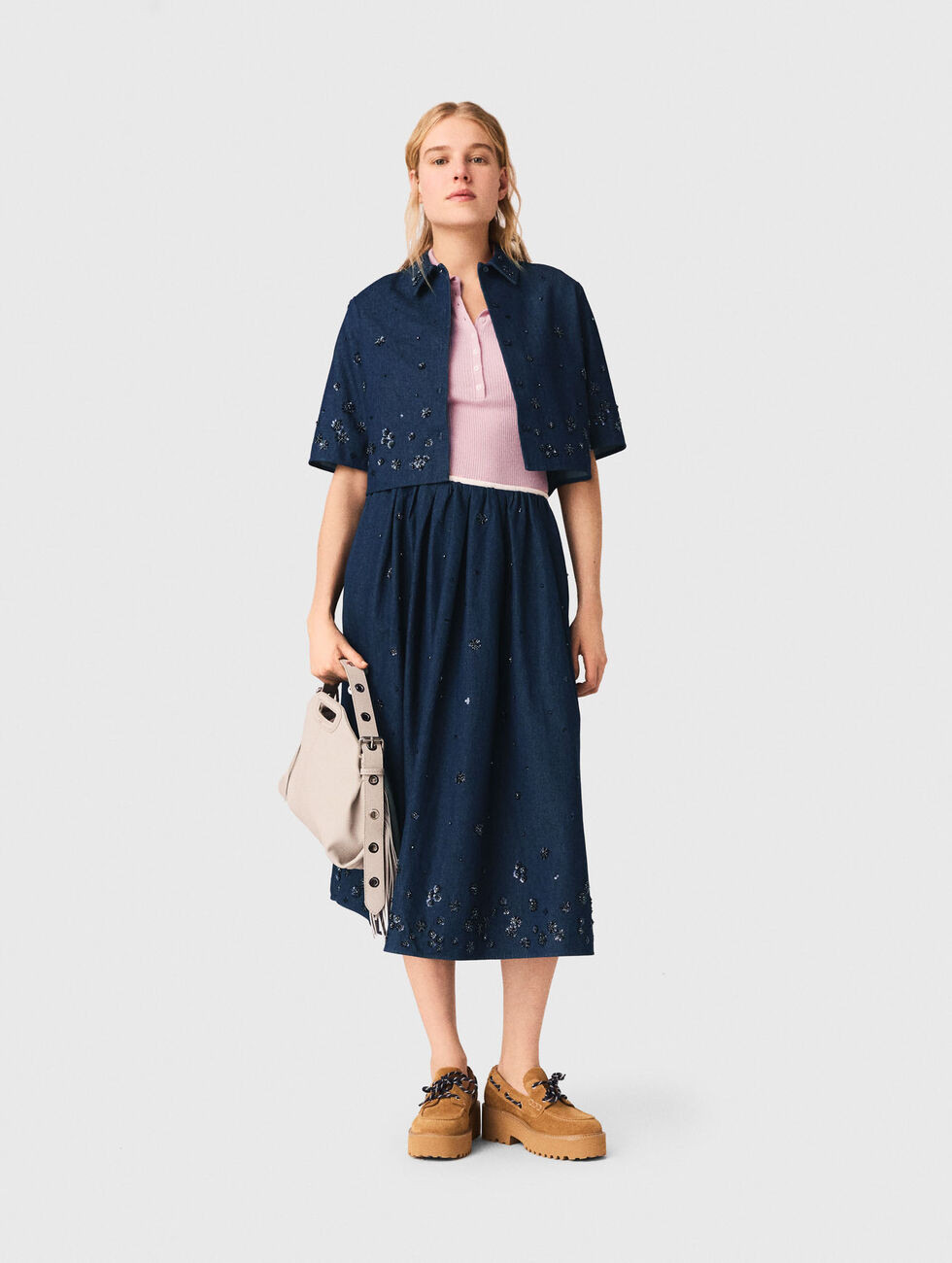 Embroidered cropped denim shirt Blue for Women | Maje | Maje US