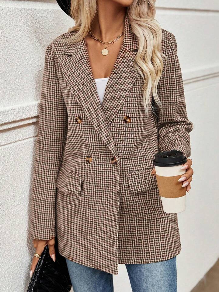 SHEIN LUNE Plaid Print Double Breasted Blazer | SHEIN