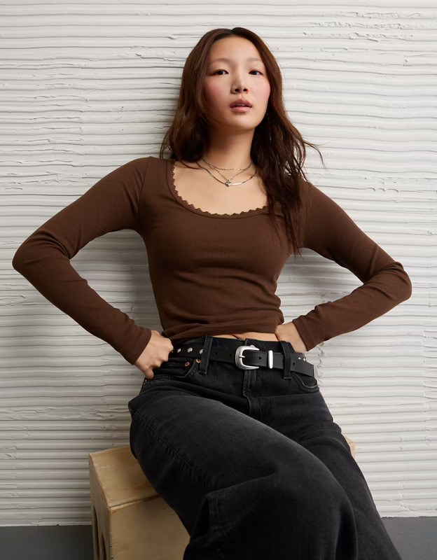 AE Lace-Trim Long Sleeve T-Shirt | American Eagle Outfitters (US & CA)