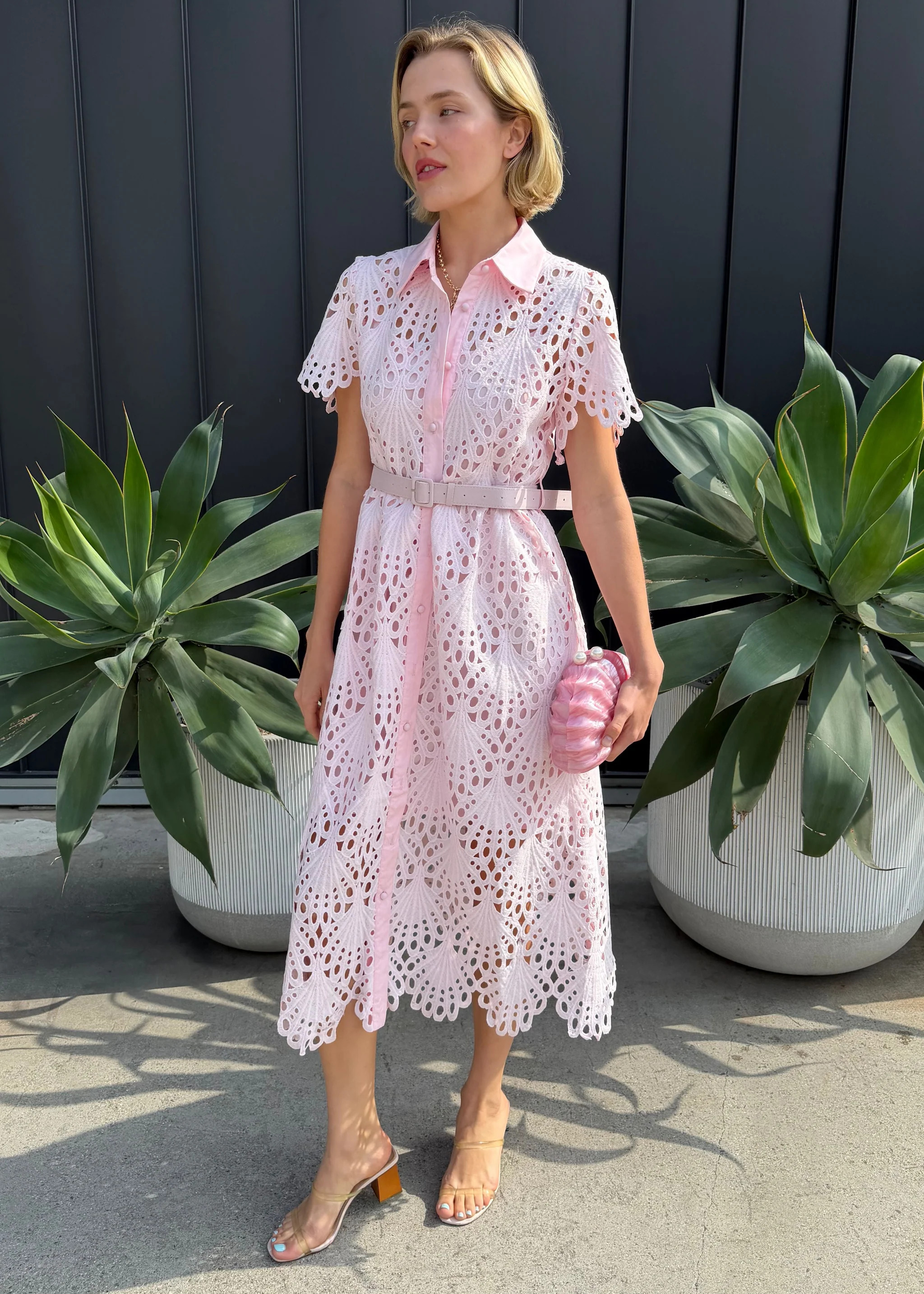Robin Belted Short Sleeve Lace Midi Dress | Benaar La