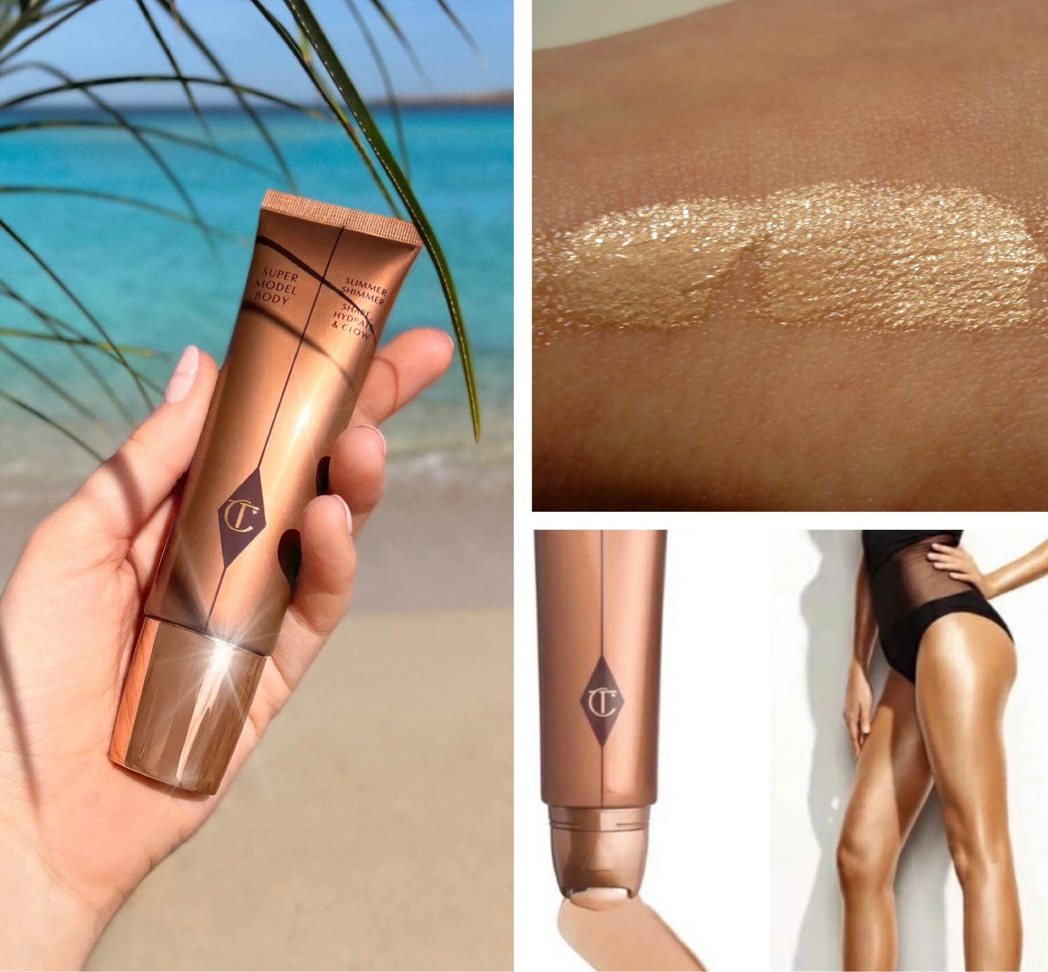 I bathe in the charlotte tilbury supermodel body. It gives the body an amazing glow without much glitter, and dries down very sheer where it doesn’t transfer on my clothes. 

#LTKbeauty #LTKfindsunder100 #LTKswim