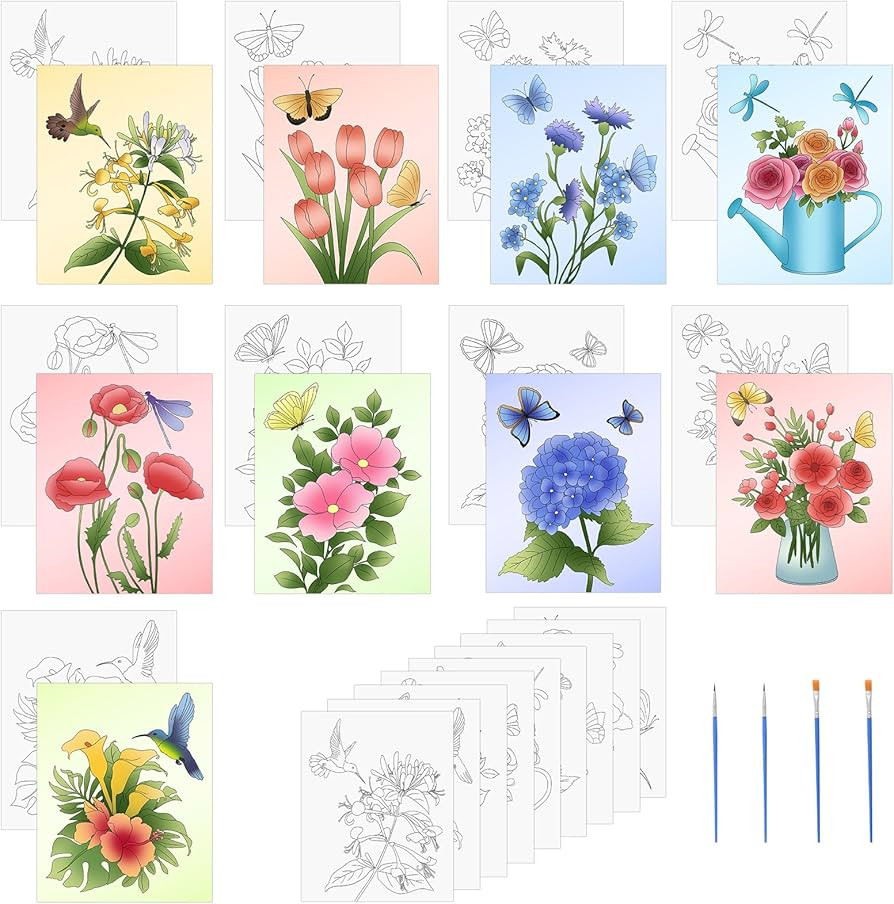 HICOHAND Pre Printed Canvases, 9 PCS 7.87 * 9.84 Inch Florwer with Butterfly or Parrot Pre Drawn ... | Amazon (CA)