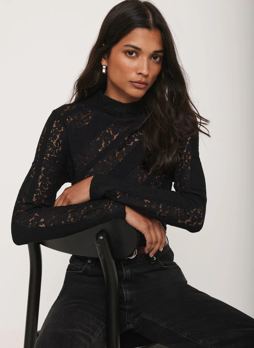 Black Lace High Neck Top | Mint Velvet