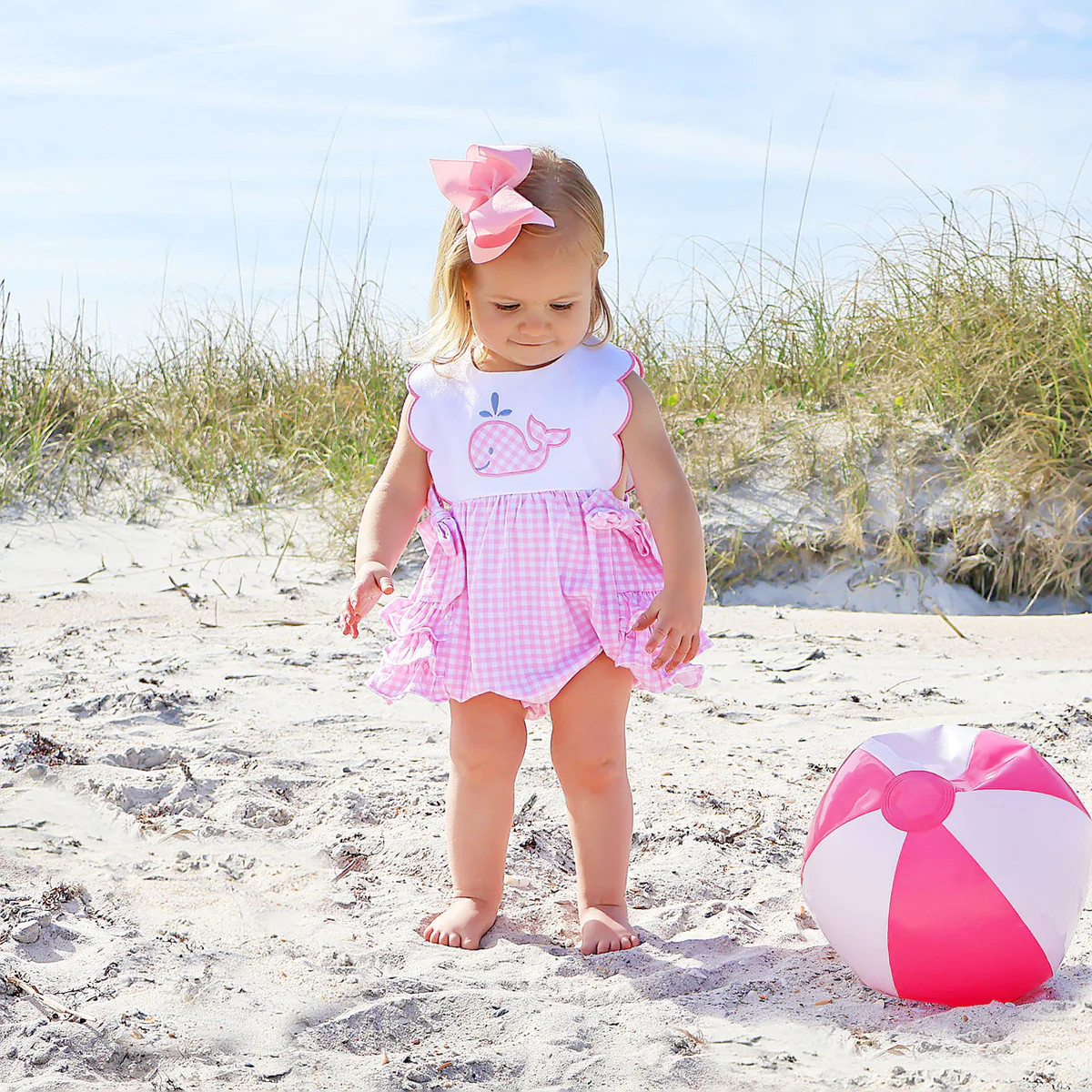 Cute Whale Pink Gingham Scalloped Bib Bubble | Classic Whimsy