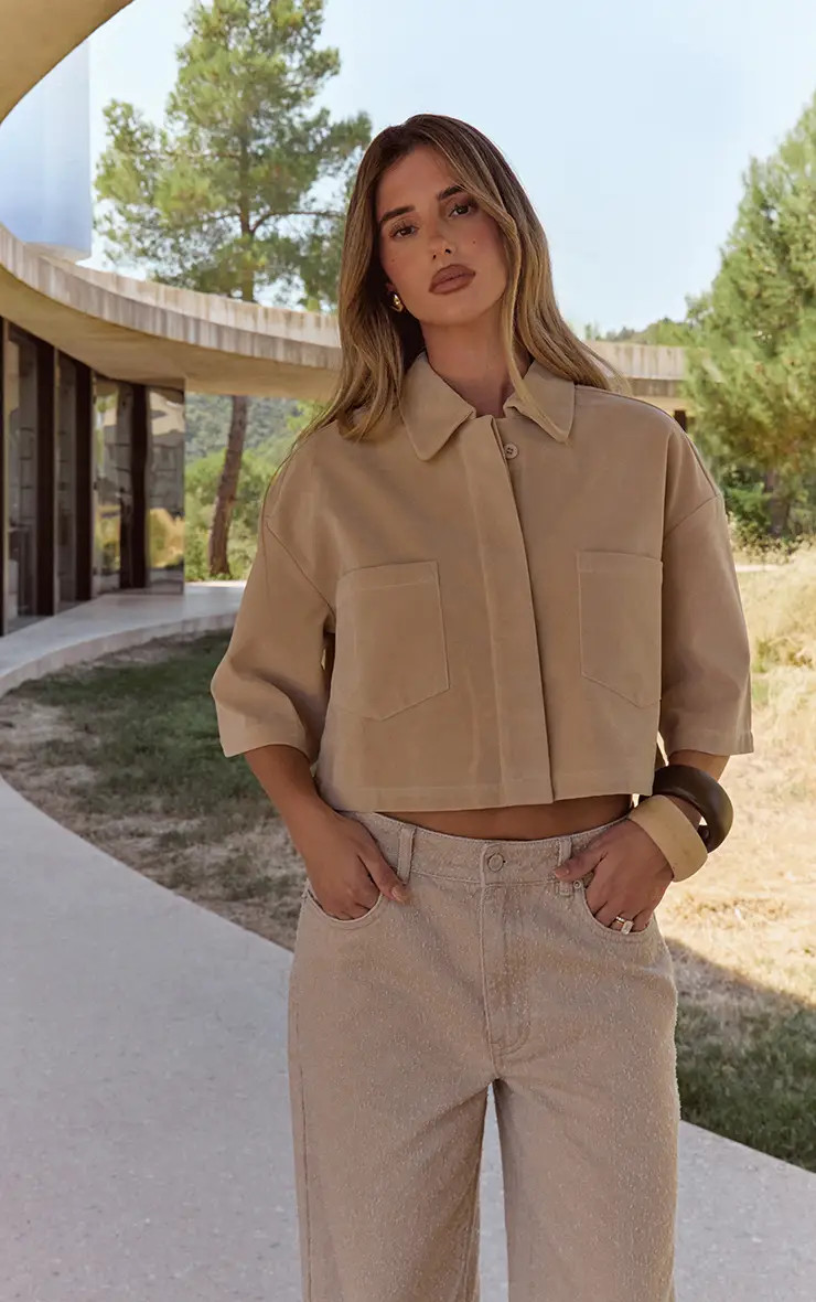 Sand Faux Suede Oversized Cropped Shirt | PrettyLittleThing UK