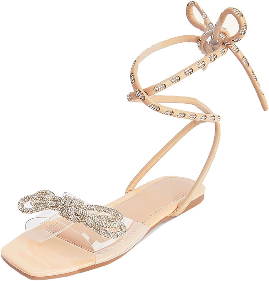 GATUXUS Women's Lace Up Flats Sandals Crisscross Strappy Tie Up Square Open Toe Cusual Mule Shoes | Amazon (US)