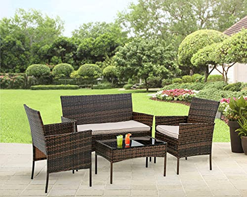 Outdoor Patio Furniture Sets 4 Pieces Patio Set Rattan Chair Wicker Sofa Conversation Set Patio Chair for Backyard Lawn Porch Poolside Balcony Garden Furniture Sets with Coffee Table (Brown) | Amazon (US)