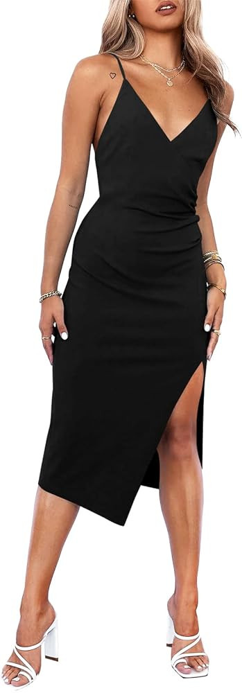 WAYMAKER Women's Sexy V Neck Spaghetti Strap Sleeveless Wrap Ruched Side Slit Bodycon Cocktail Pa... | Amazon (US)