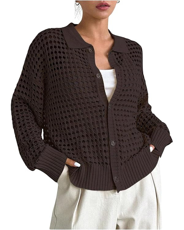 QWINEE Women's Cardigan Sweater Crochet Hollow Out Cardigan Long Sleeve Collar Neck Lightweight S... | Amazon (US)