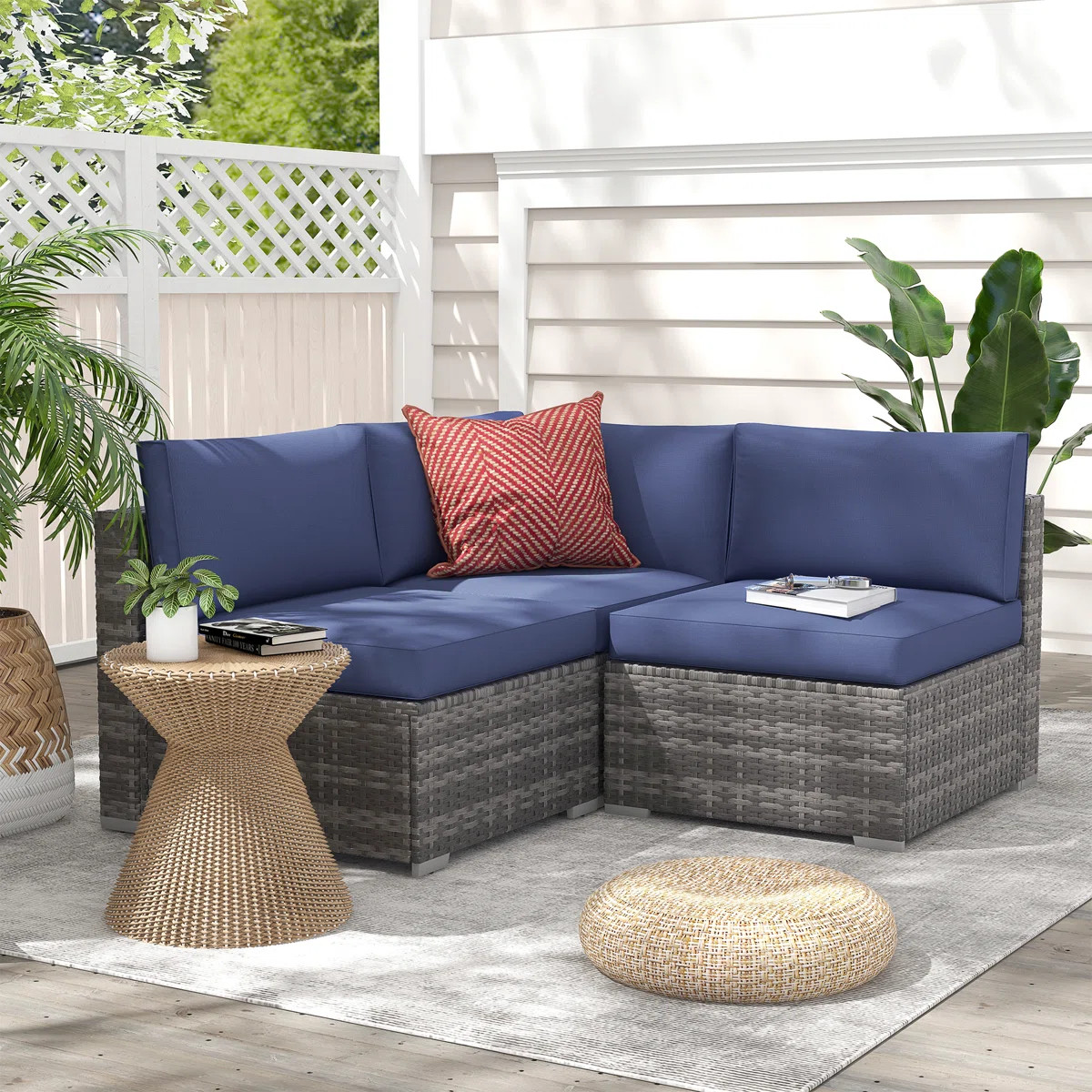 Bryonny Wicker 3 - Person Modular Patio Conversation Set with Cushions | Wayfair North America