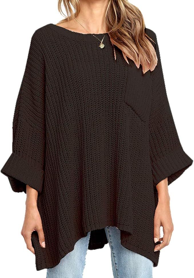KIRUNDO Women’s Winter Long Knitted Sweater Dress Off Shoulder 3/4 Sleeves Oversized Loose Soli... | Amazon (US)