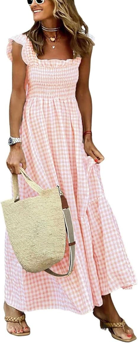 chouyatou Women's Retro Plaid Smocked Dress Spaghetti Strap Flounce Long Dress | Amazon (US)