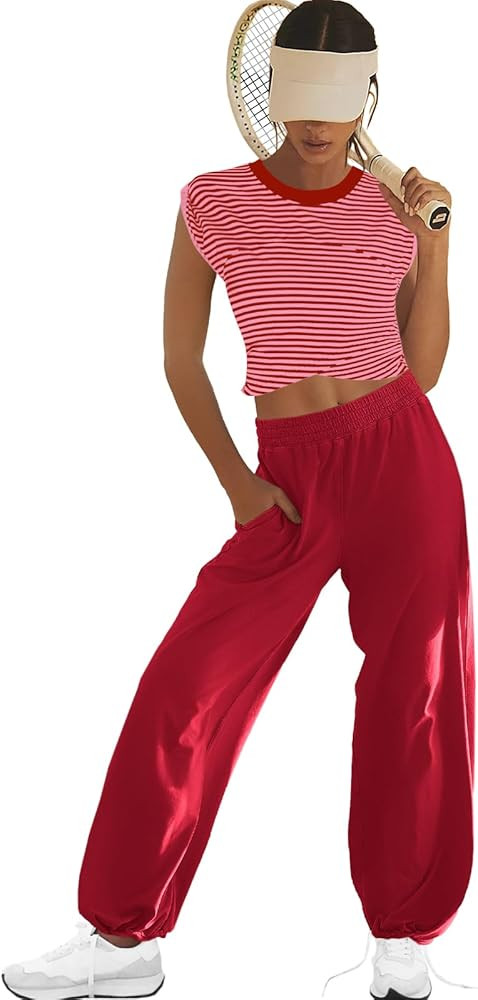 LAMISSCHE Womens Loungewear Set 2 Piece Outfits Sets Cropped Tops and Wide Leg Pants with Pockets... | Amazon (US)