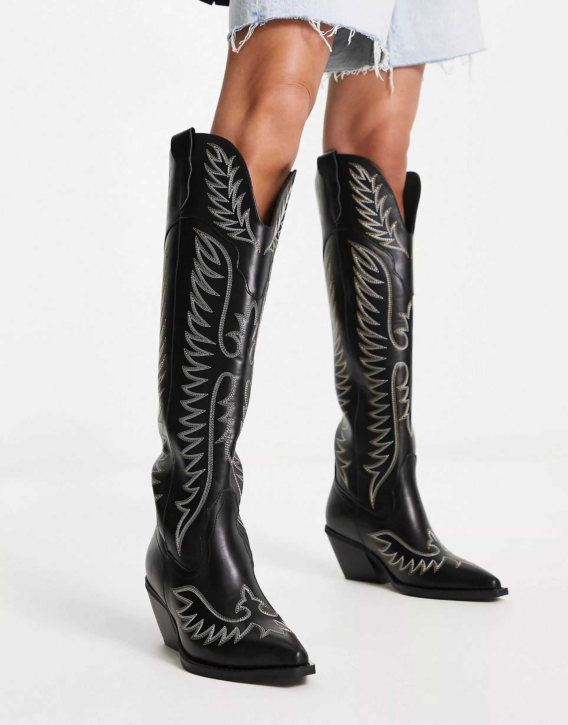 ASOS DESIGN Chester contrast stitch western knee boot in black | ASOS (Global)