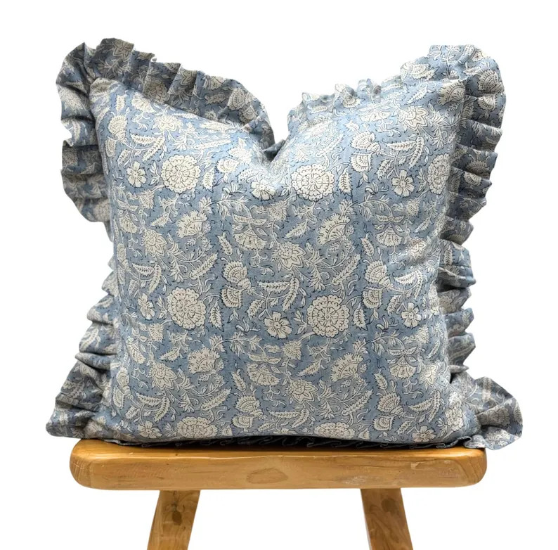 Light Denim Blue Floral Pillow With Ruffle, Light Blue Linen Pillow Cover, Farmhouse Pillow, Ruff... | Etsy (US)