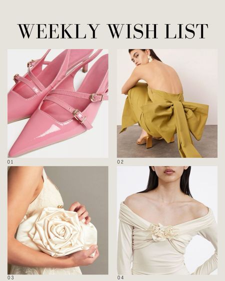 On my wish list this week… 👛
Summer outfits | Light pink shoes | Buckle slingbacks | Miu Miu shoes dupes | Yellow bow dress | Wedding guest outfit spring | 3D flower bag | Bride accessories | Flower top 

#LTKspring #LTKsummer #LTKwedding