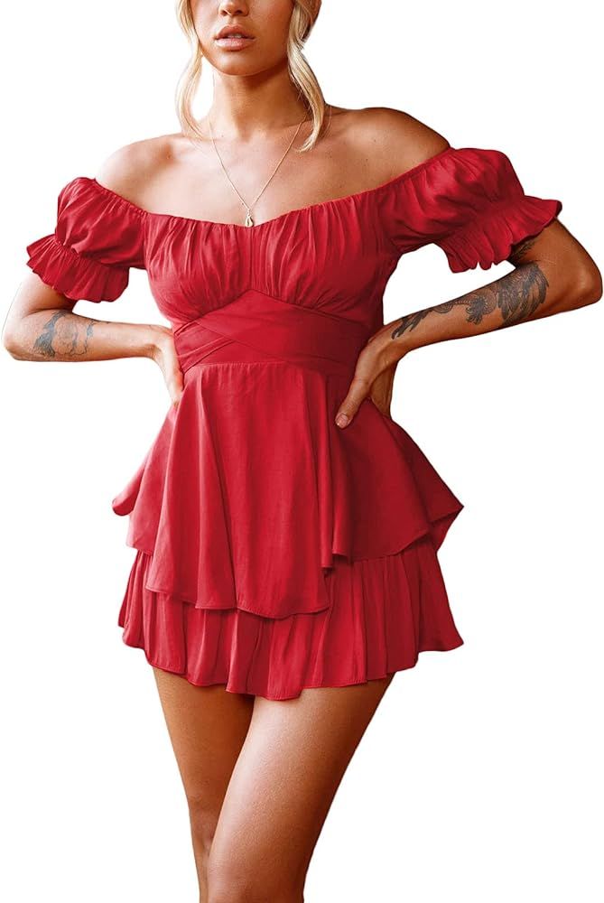 Fixmatti Women Boho Romper Off Shoulder Floral Print Chiffon Shorts Jumpsuit | Amazon (US)