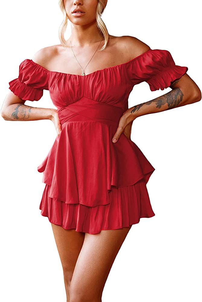 Linsery Women Boho Romper Shorts Off Shoulder Summer Floral Ruffle Jumpsuits | Amazon (US)