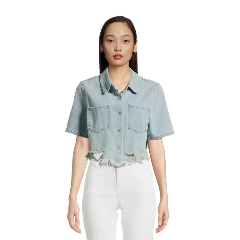 No Boundaries Juniors Distressed Jean Jacket with Short Sleeves, Sizes XS-3XL | Walmart (US)