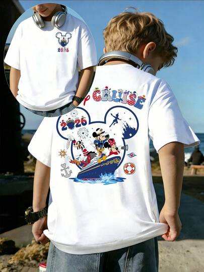 Mickey Cruise 2026 1 Piece Disney Pattern Printed Fashion Crew Neck T-Shirt, Made Of 100% Pure Co... | SHEIN