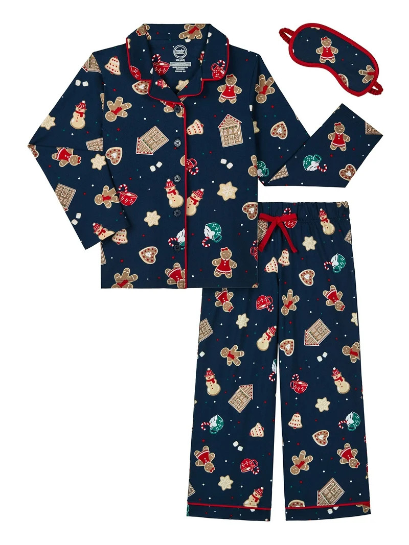 Wonder Nation Girls Long Sleeve Button Front Pajama Top and Pants Set with Eyemask, 3-Piece, Size... | Walmart (US)