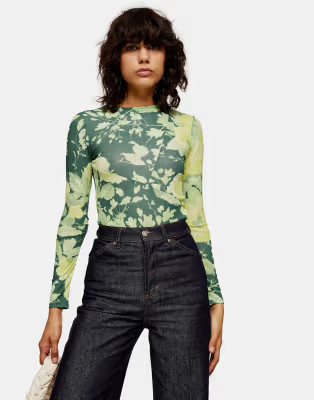 Topshop floral print mesh top in green | ASOS (Global)