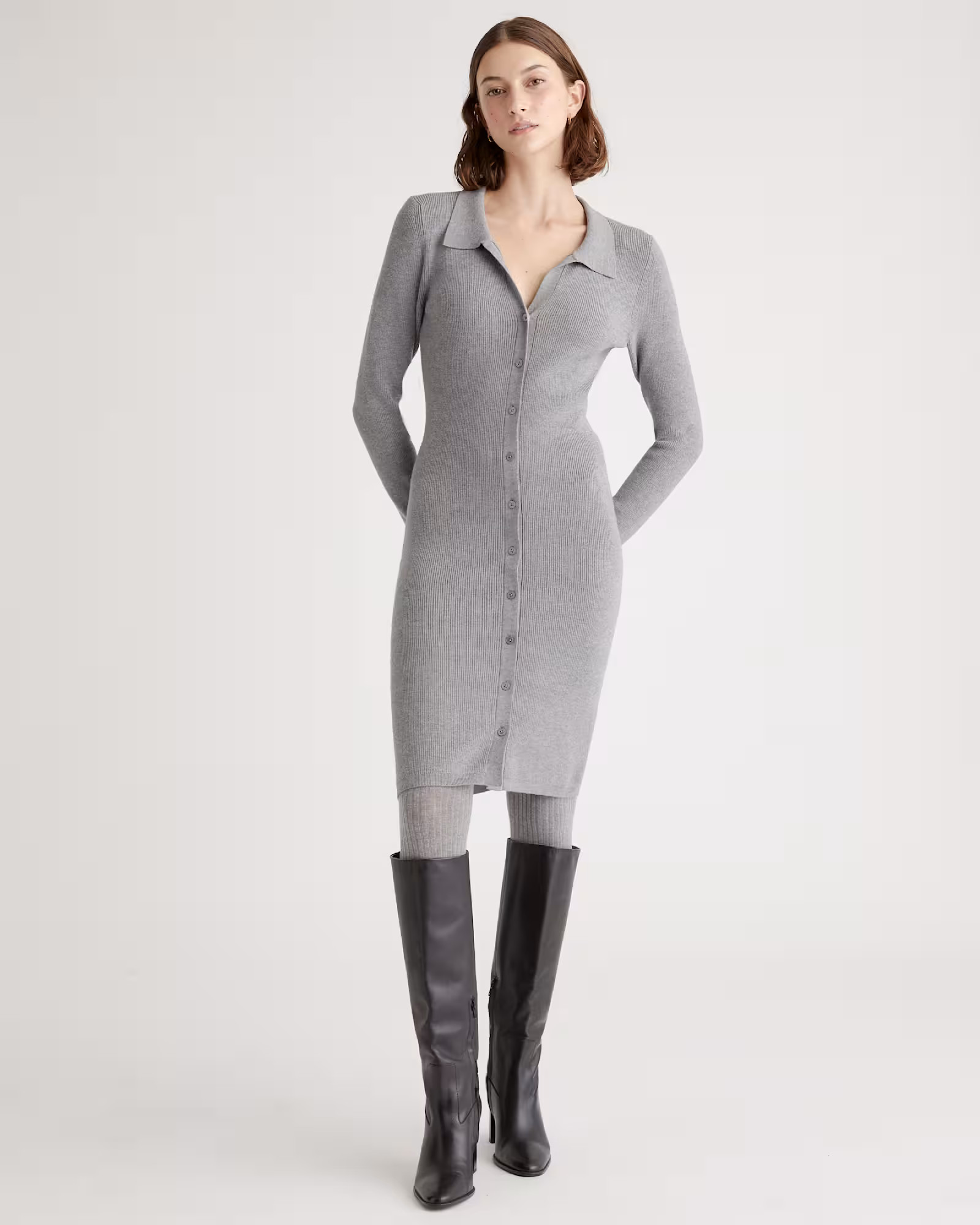Eco-Knit Button-Up Sweater Dress in Heather Grey | Quince
