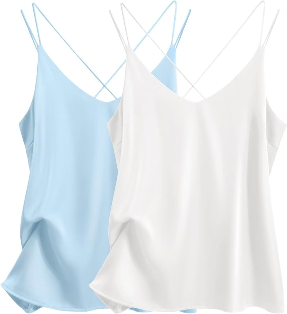 Ekouaer Womens Silk Satin Camisole Tank Tops V Neck Spaghetti Strap Blouses Cross Back Sleeveless... | Amazon (US)