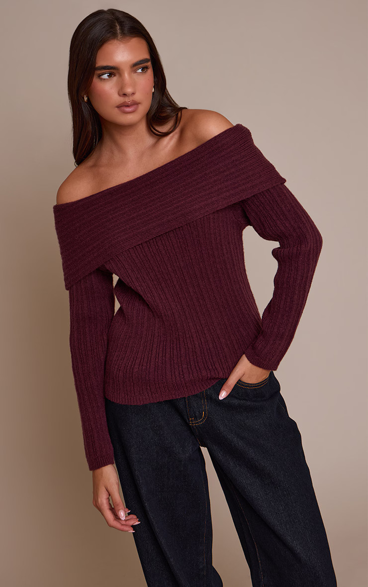 Burgundy Off The Shoulder Knit Long Sleeve Top | PrettyLittleThing UK