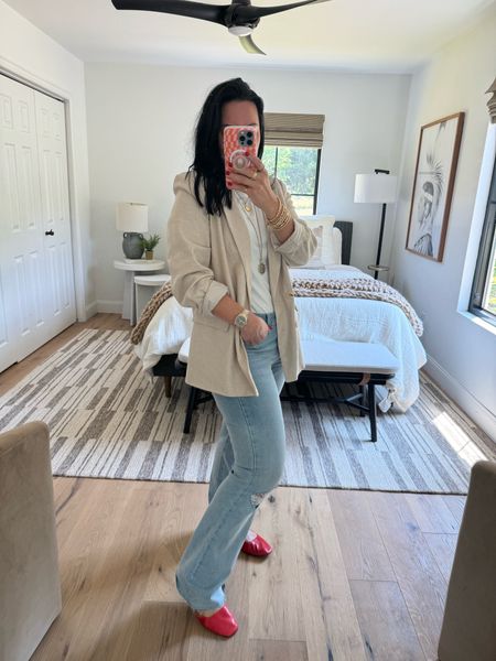 My go to jeans from least expensive to most expensive. These are the least expensive at only $20! They fit tts (size down if you are between sizes). The denim is lightweight, soft, a little stretchy, mid-rise, and SO good! Wearing a size 10 in the jeans, size large in the t-shirt, size medium in the blazer (size down). 

#LTKOver40 #LTKMidsize #LTKFindsUnder50