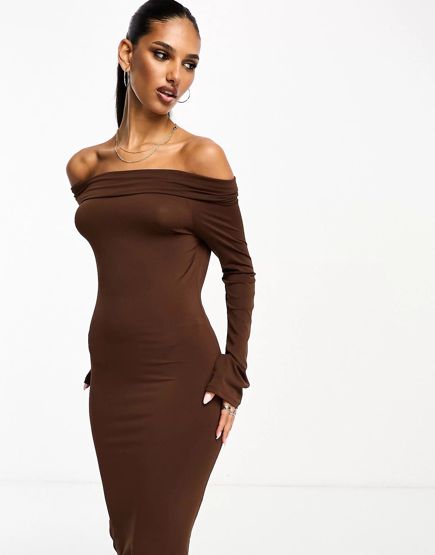 Mango fold over long sleeve bodycon midi dress in brown | ASOS (Global)