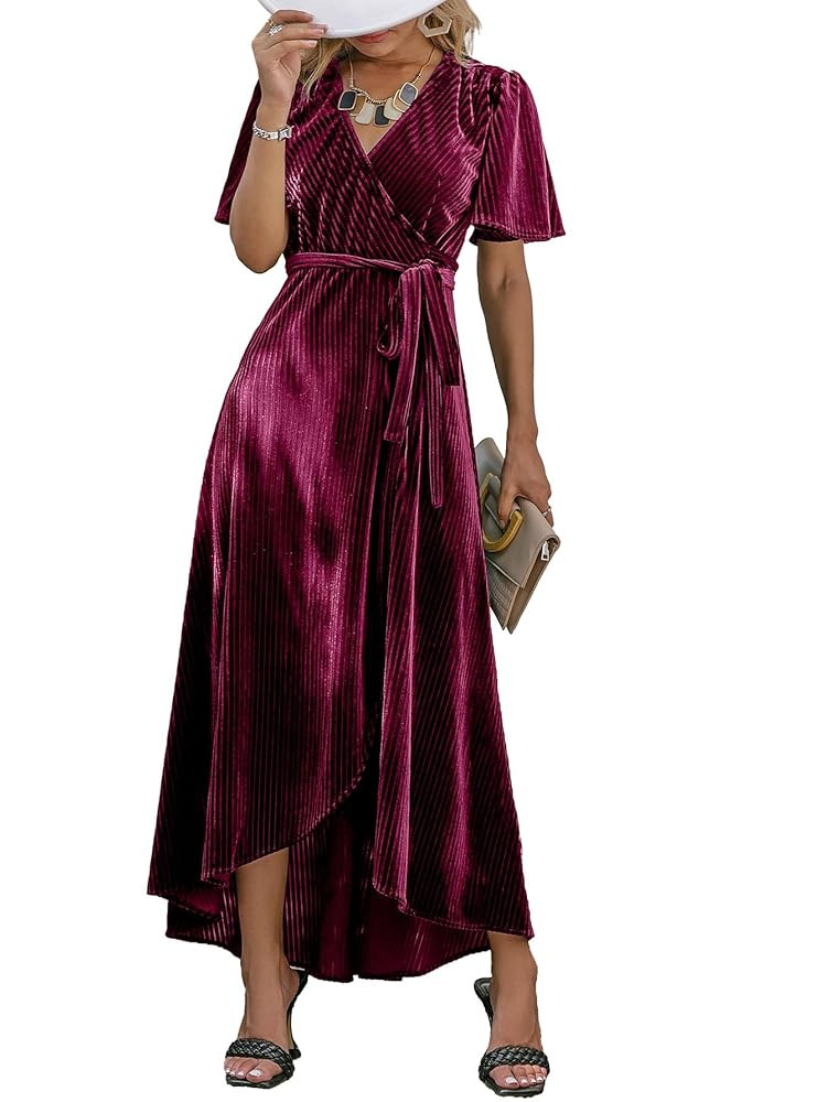 BerryGo Women's Velvet V Neck Wrap Semi Formal Dress Cocktail Party Maxi Dress for Wedding Guest | Amazon (US)
