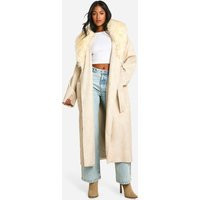 boohoo Women's Tall Faux Fur Collar Vintage Look Faux Leather Trench Coat in Stone | Size: 10 | boohoo (US & Canada)