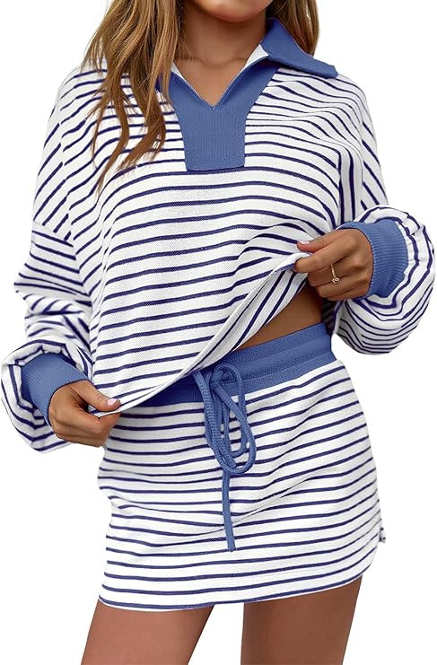 Fisoew Womens Striped 2 Piece Outfits Casual Sweatshirt Skirt Set Long Sleeve Skort Workout Set M... | Amazon (US)