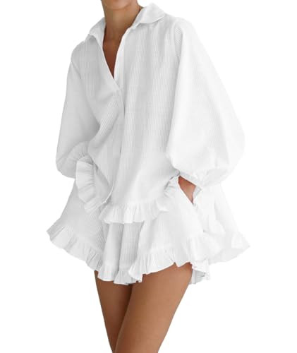 Women Ruffle 2 Piece Sets Long Sleeve Button Down Shirts and Shorts Fashion Stripe Sweatsuit Sets | Amazon (US)