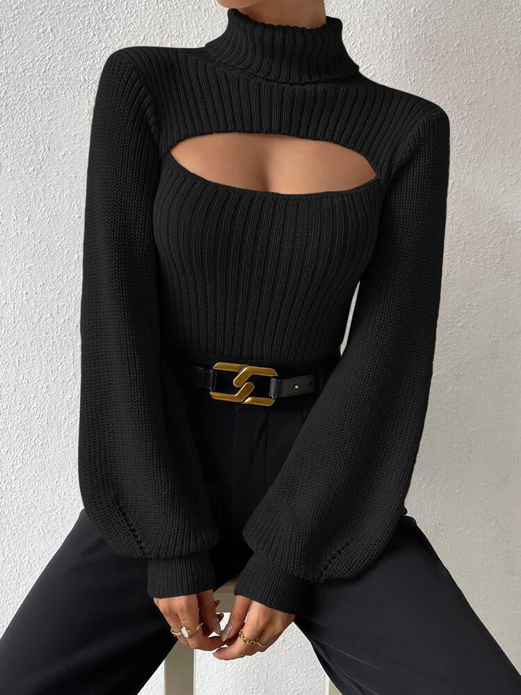 SHEIN X Carly Lawrence SHEIN Allurite Turtleneck Cut Out Eyelet Detail Sweater,Long Sleeve Tops | SHEIN