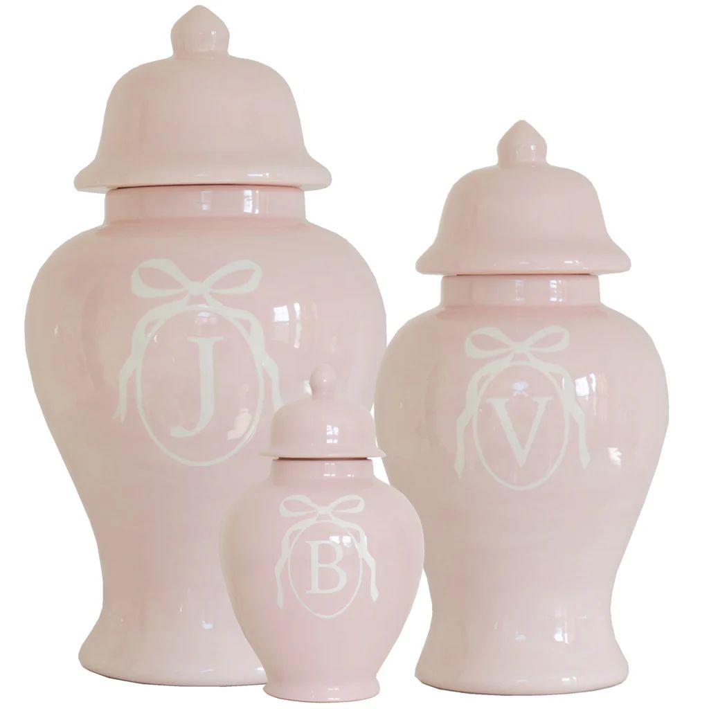 Monogrammed Bow Ginger Jars in Cherry Blossom Pink for Lo Home x Veronika's Blushing | Lo Home by Lauren Haskell Designs