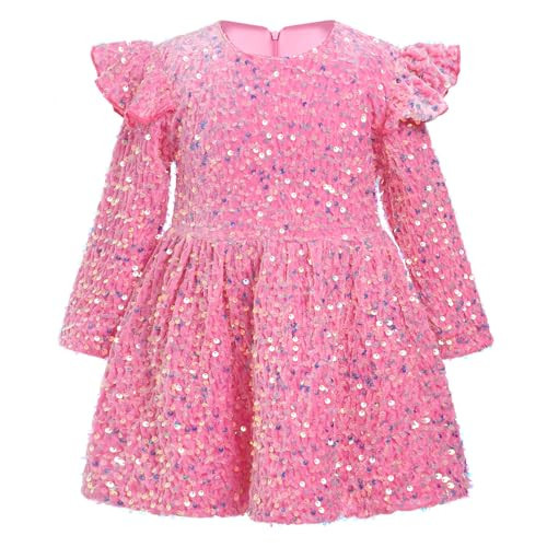 Kid Girls Fall Winter Dress: Toddler Christmas Velvet Dress Sequins Princess Long Sleeve Formal Wedding Birthday Evening Party Pageant Dress for Kids Photo Shoot Clothes Pink 3-4 Years | Amazon (US)