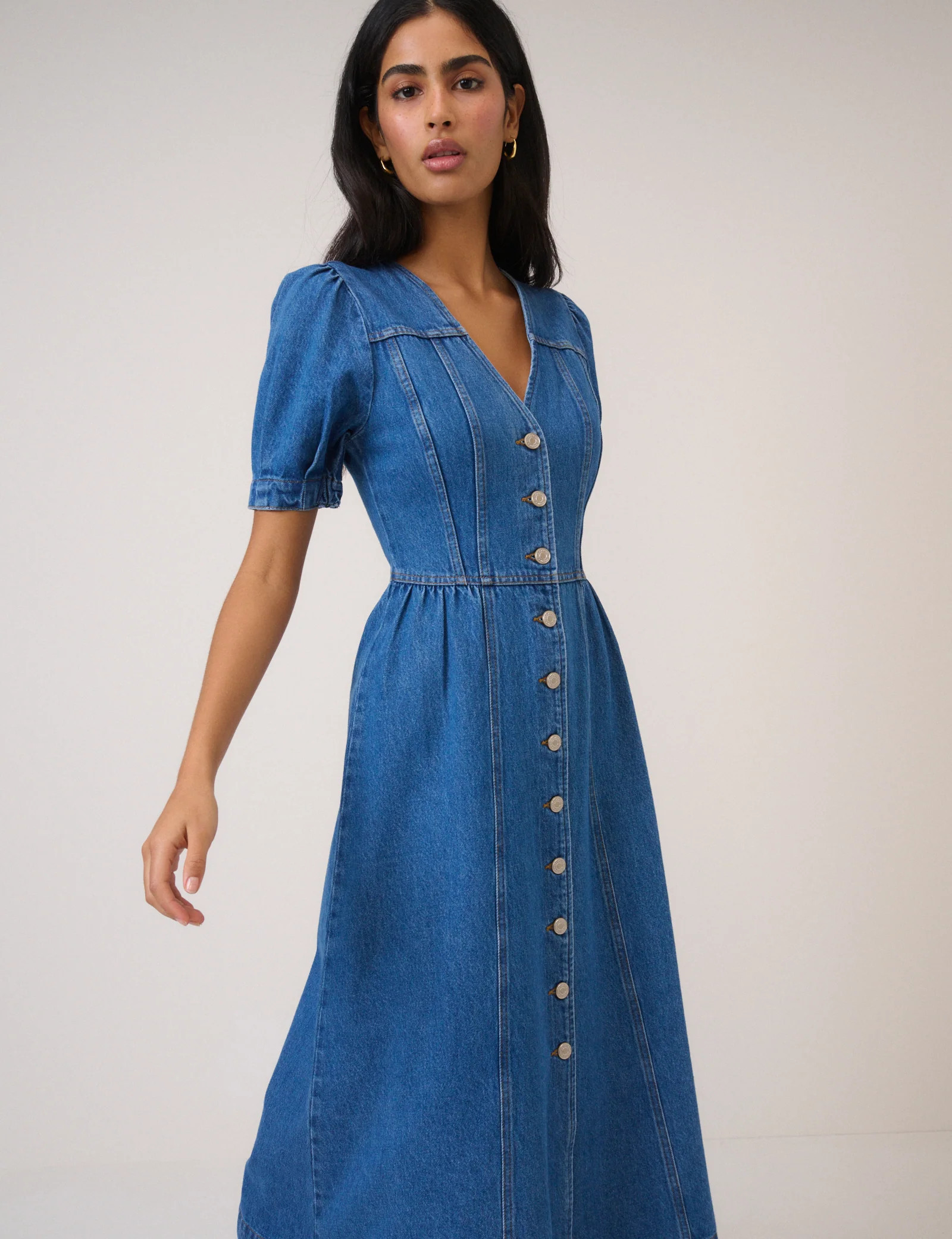 Blue Denim Puff Sleeve Sienna Midi Dress | Nobody's Child