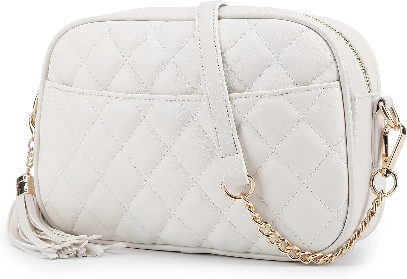lola mae Quilted Crossbody Bag, Medium Lightweight Shoulder Purse Top Zipper Tassel Accent (Beige... | Amazon (US)
